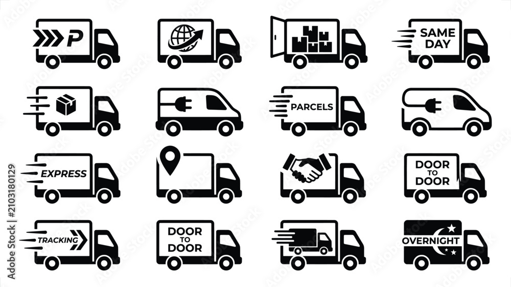 Obraz premium Delivery trucks with service icons in a grid for logistics and shipping concepts