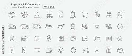 Logistics And E Commerce Line Icons Set Minimalist Outline Illustrations, Editable stroke allows easy customization for web, apps, and print