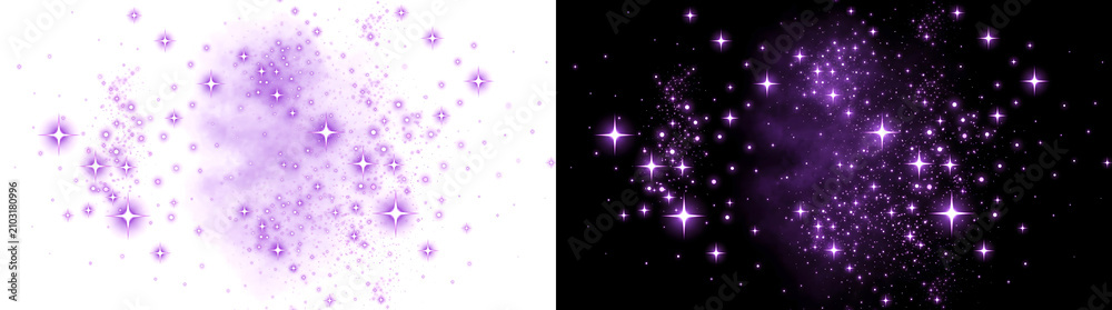 Fototapeta premium Purple sparkle background with glowing stars and glitter dust featuring PNG, Transparent and Black Background Versions for design