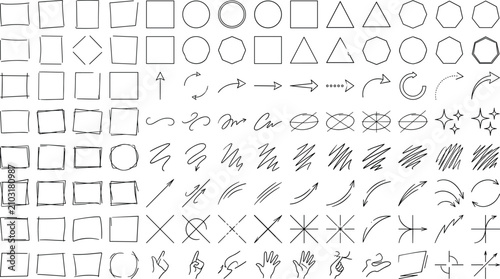 Hand Drawn Sketch Design Elements Collection with Frames Arrows Shapes Scribbles and Decorative Icons