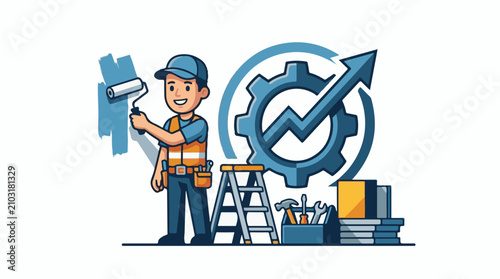 Cartoon worker paints wall near tools ladder and growth gear