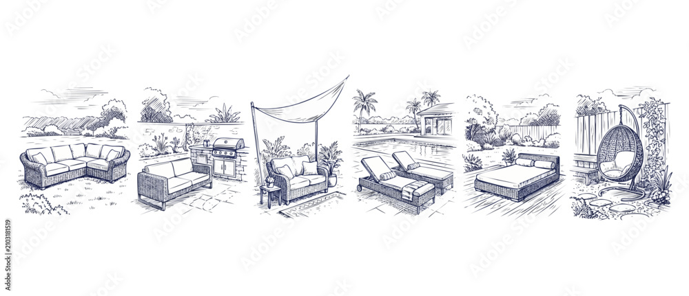 Obraz premium Patio furniture sketch hand drawn illustration set of outdoor living backyard design elements including sectional sofa, pool lounge chair, BBQ grill station, canopy daybed, and hanging egg chair.