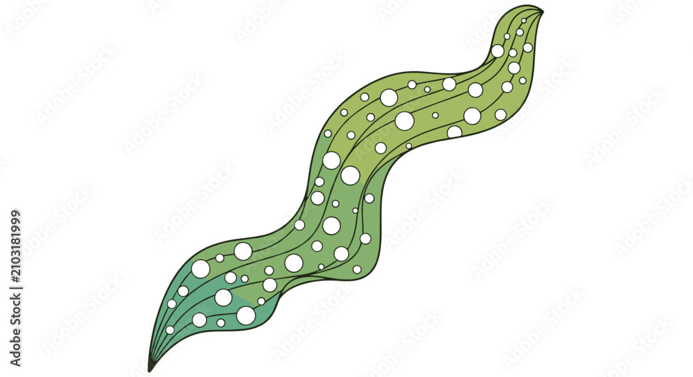 Naklejka premium Abstract green wavy element with white circular patterns and bubbles, suitable for nature, water, or underwater themed graphic designs.