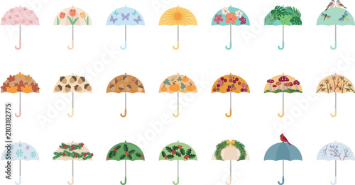 Canvas Print Cute flat vector umbrella collection featuring distinct seasonal designs for spr