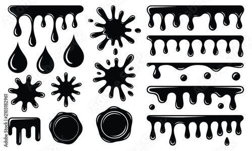Φωτογραφία Collection of dark black liquid drips, moody ink splatters and glossy droplets oozing down a white minimalist backdrop