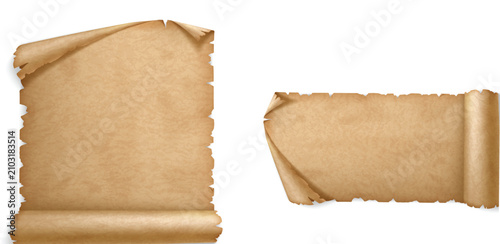 Bild auf Leinwand Aged parchment scrolls with torn edges on a white background ancient document ve