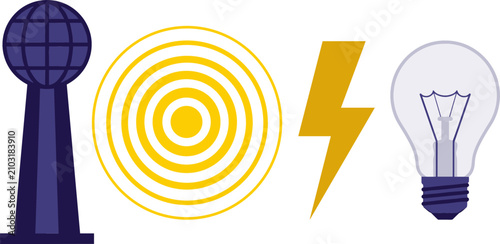 Obraz na płótnie Tesla Tower and Wireless Power Energy Vector Set with Concentric Radio Waves Lig