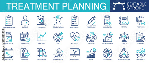Quadro su tela Set of 27 outline icons related to treatment planning