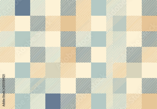 Modern patchwork geometric background showcasing striped squares and coral block accents