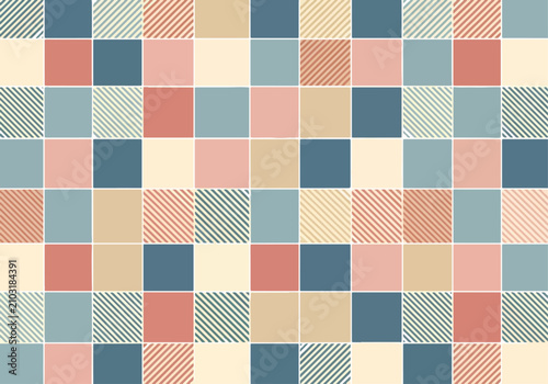 Stylish minimalist background with seamless striped checkerboard and coral square accents