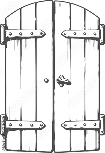 Old wooden door with metal hinges and latch in rustic vintage illustration