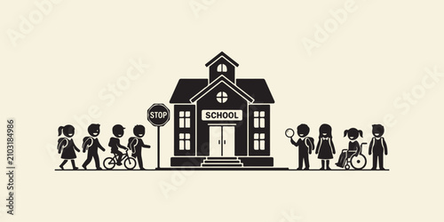 Back to school vector illustration with cute children students walking and riding bicycle going to school building inclusion concept with wheelchair child