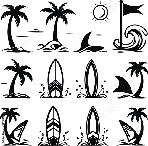 Photography Minimal surfing icons collection, surfboards, wave splash, tropical sun, palm trees, shark fin, beach flag, editable thin black stroke vector, white background