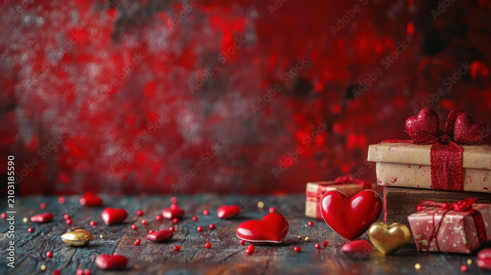 Naklejka premium Valentine's Day gifts, red background, wooden table. Possible use Stock photo for holiday or gift related advertisements