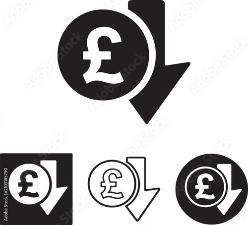 Fotografía Pound sterling coin down arrow decrease vector icon set isolated on white
