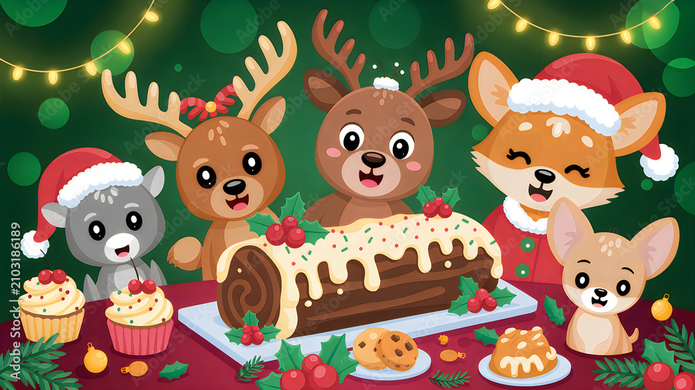 Obraz premium Cute animals celebrating christmas with a delicious chocolate yule log cake