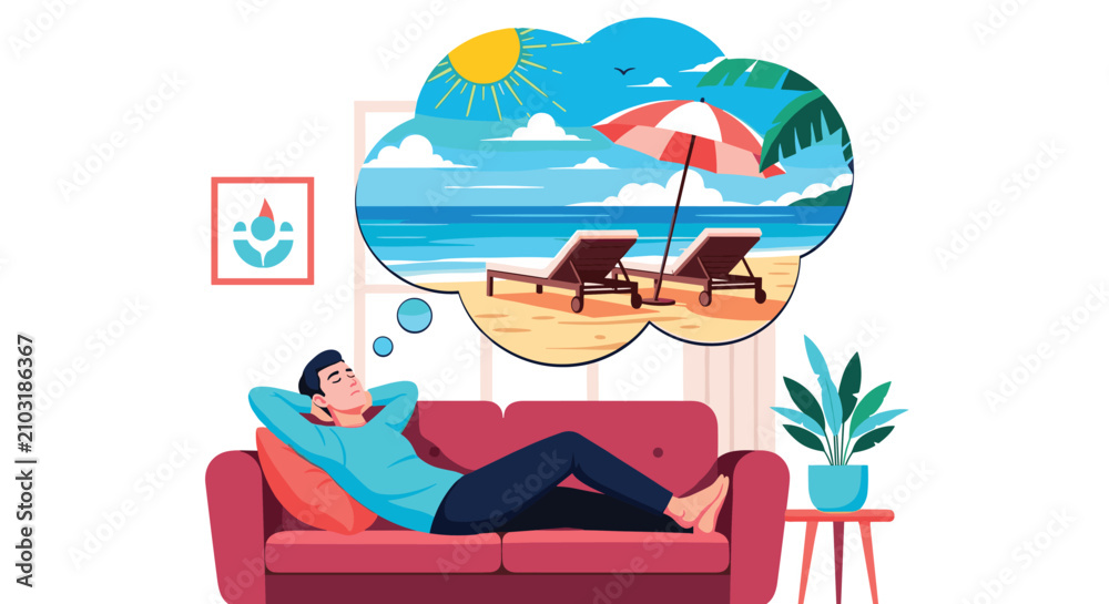 Obraz premium Tired man rests on a comfortable red sofa while dreaming of a relaxing vacation on a tropical beach with palm trees and ocean views.