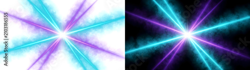 Laser Beam glowing cyan and purple rays crossing into a bright starburst with drifting smoke for technology designs in PNG, Transparent and Black Background Versions