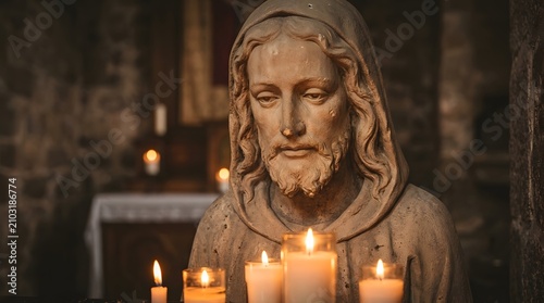 Close up solemn statue of jesus with beard long hair surrounded by flickering candles.