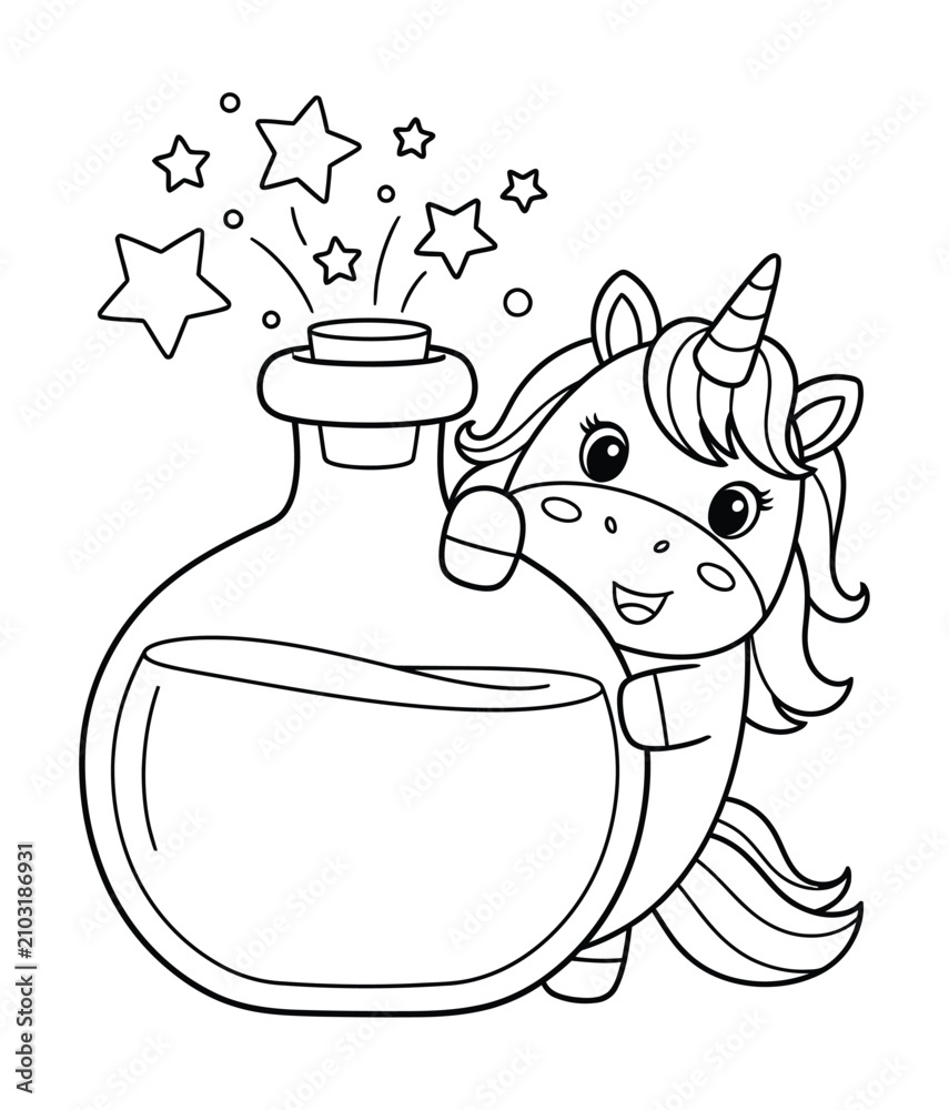 Obraz premium Magical Unicorn Hugging Potion Bottle with Stars and Sparkles Outline Drawing for Coloring Book