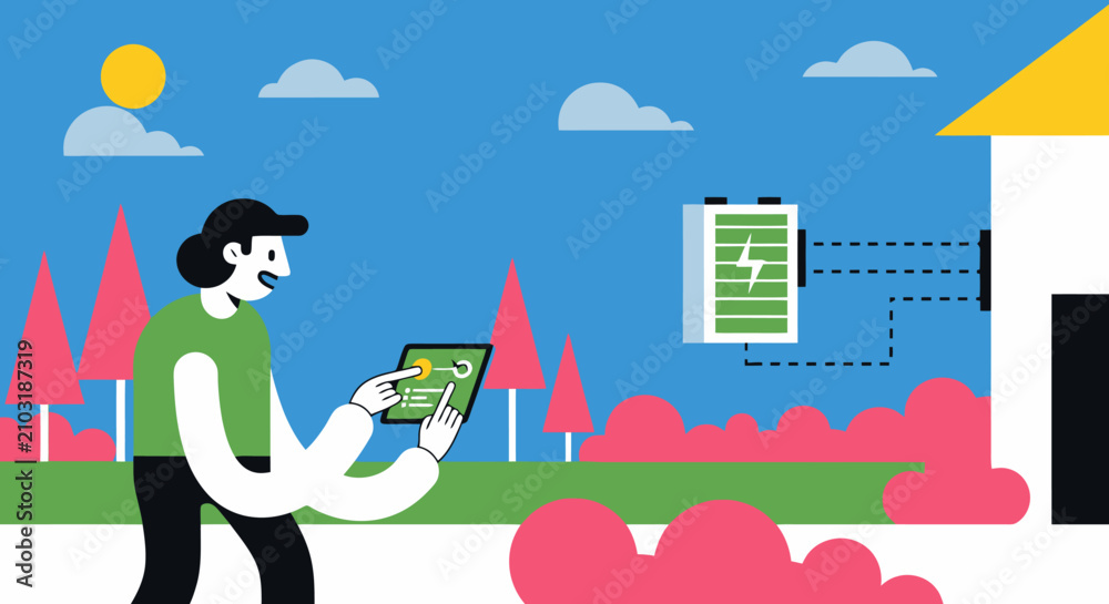 Obraz premium Man using tablet to monitor home energy battery storage vector illustration