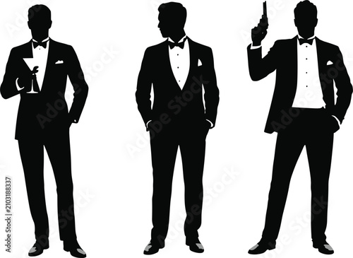 Принти на полотні Silhouettes of Three Men in Tuxedos Posing with Martini and Gun Keywords: men, s