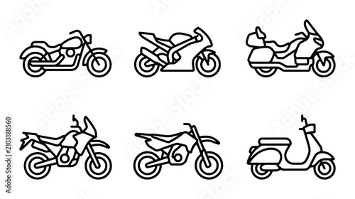 Motorcycle Icons Set: Diverse Bike Styles, Vector Graphics for Transport and Speed Themes