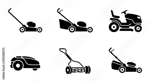 Lawn Mower Icons Set: Push, Ride-on, Robotic, Cylinder Lawn Mowers, Garden Equipment Vector Graphics
