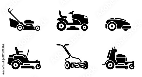 Lawn Mower Icons Set: Garden Equipment, Outdoor Maintenance, Robotic Mower, Tractor