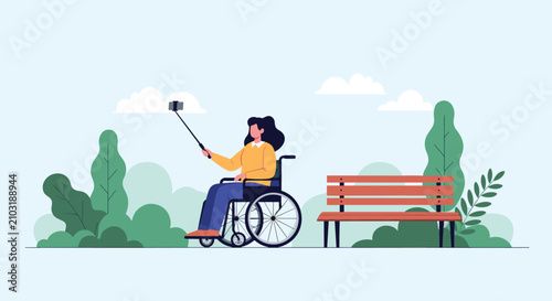 Happy young woman in a wheelchair taking a selfie with a selfie stick in a beautiful green park representing accessibility and inclusion.