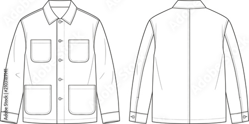 Men's chore jacket utility overshirt technical flat sketch front and back view fashion design apparel template