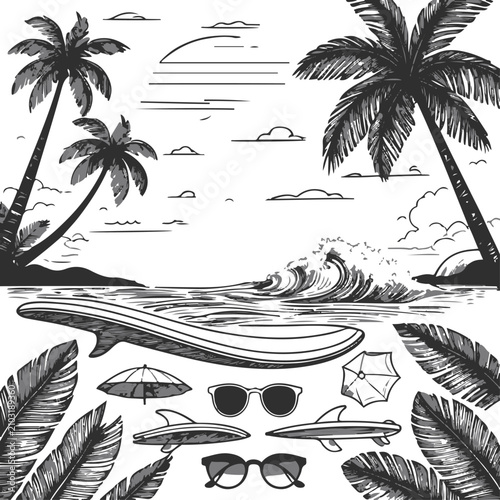 Photography Minimal hand-drawn coastal doodle collection, surfing lifestyle elements includi