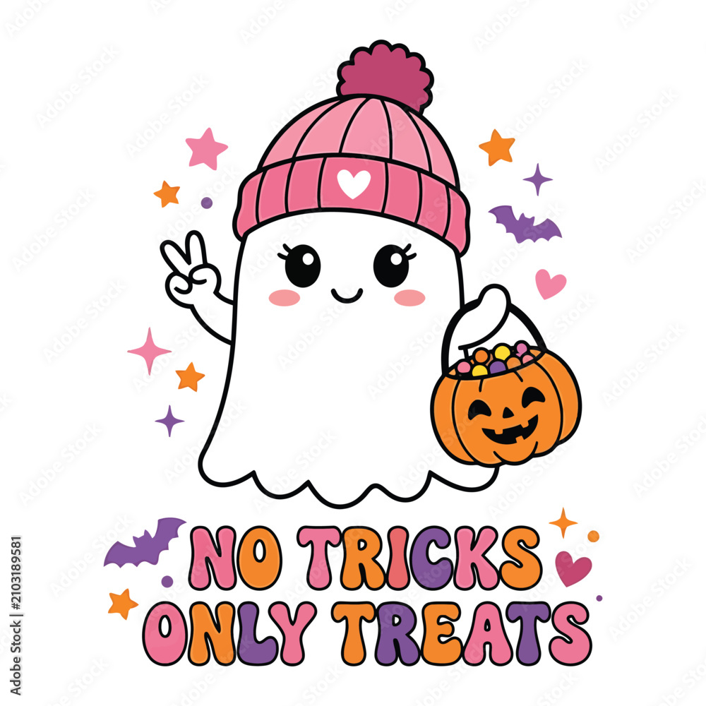 Fototapeta premium Cute kawaii ghost halloween shirt design for kids adults 'no tricks only treats' graphic tee