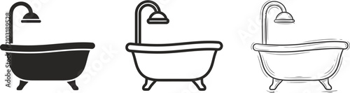 Three bathtub icon styles including solid silhouette outline and sketch drawing for bathroom interior design and plumbing home renovation