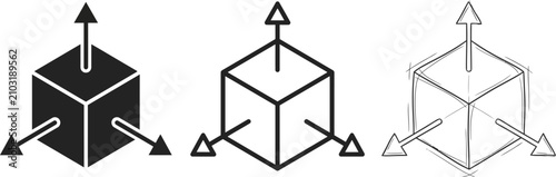 Schilderij op canvas Three dimensional box icon with directional arrows in solid outline sketch style