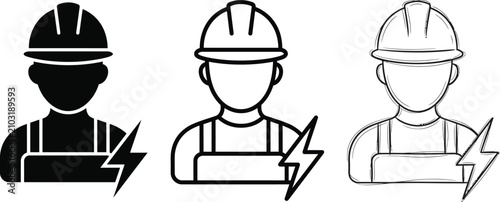 Electrician or power utility worker icon with safety helmet and bolt in three styles hard hat job role electrician electricity construction