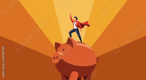 Triumphant businessman on a giant piggy bank with radiating golden light, symbolizing financial achievement and strategic investment success, for wealth management promotions and business success