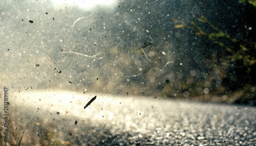 PM 2.5 and dust pollution concept. Dirty glass window covered with water droplets and smudges, creating a textured, abstract view of the outside.
