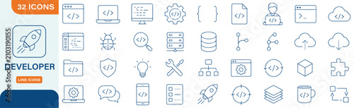Developer Line Icons Set. Web Development, Coding, Software Engineering, Programming Languages, Cloud Hosting and Database Outline Icons for Web and Mobile UI. Vector Editable Stroke