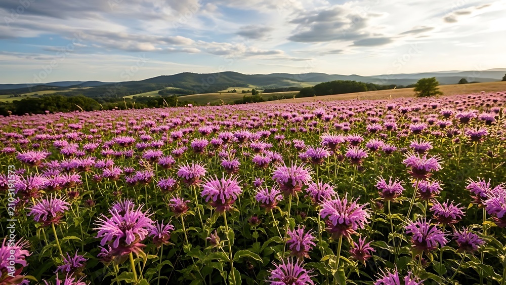 Fototapeta premium Field of purple bee balm flowers under a cloudy sunset sky with landscape