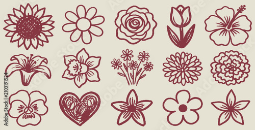 Collection of Hand-Drawn Floral Illustrations and a Heart Symbol.