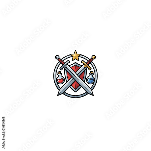 Bild auf Leinwand Intricate Fantasy Gaming Emblem Showcasing Crossed Swords A Red Shield Golden St