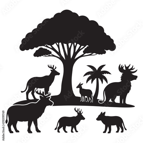 Canvas Print Black silhouette vector of wild animals including deer elk and moose with trees