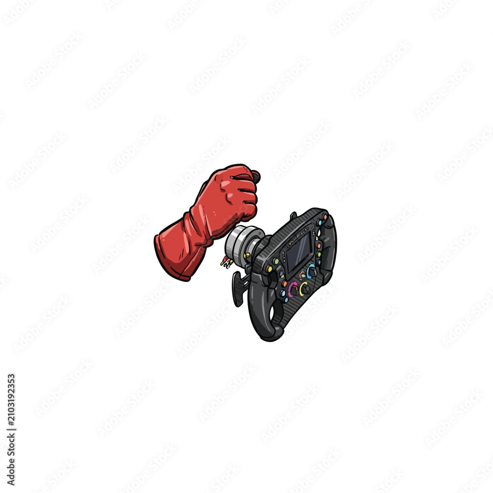 Fototapeta premium An Illustrated Scene Of A Red Gloved Hand Securely Gripping A High Tech Steering Wheel Hub Featuring An Array Of Colorful Buttons And A Digital Vector Illustration
