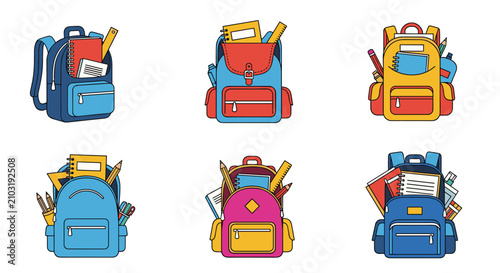 Collection of six colorful school backpacks filled with textbooks, notebooks, pens, and other essential learning supplies.