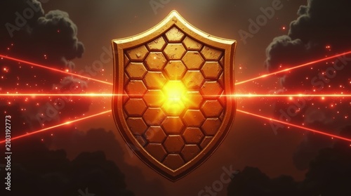 Abstract golden shield with hexagonal pattern and glowing laser light energy beams.