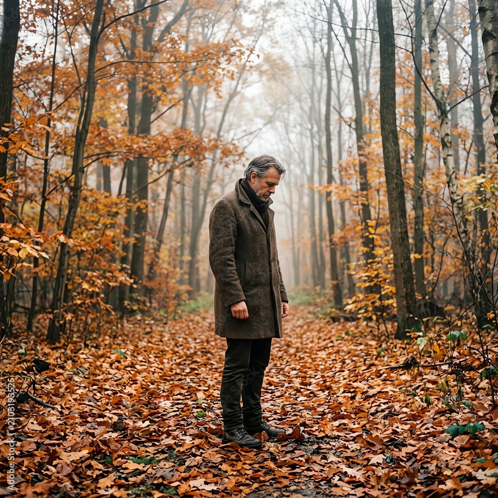 Fototapeta premium Man walking alone in autumn forest on foggy day, fallen leaves, warm coat