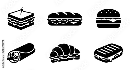 Foto Vector Sandwich Icons Set: Burgers, Subs, Croissants, Wraps, Toasted Sandwiches