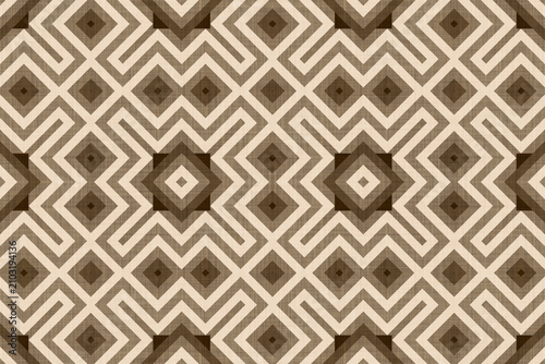 Boho ethno geometric seamless pattern, rhythmic symmetry and tribal-inspired abstract background in neutral earthy brown colors