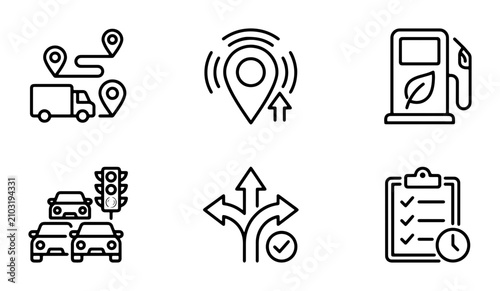 фотографія Logistics Icons: Delivery Truck Route, GPS Pin, Eco Gas Pump, Traffic Lights, Na